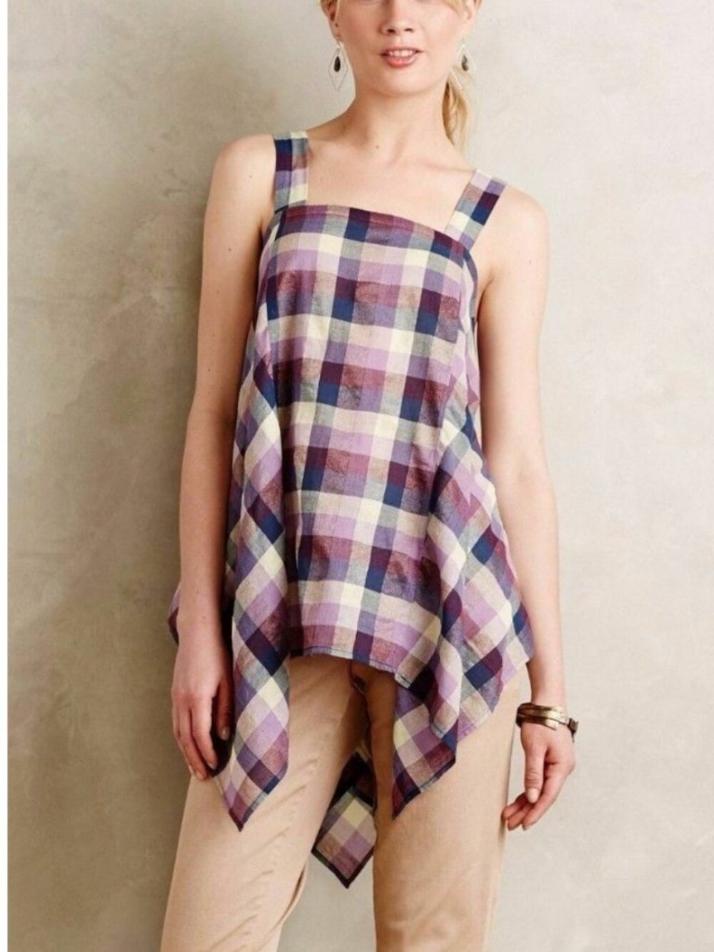 Anthropologie Holding Horses XS Madras Plaid Trapeze tunic tank top blouse